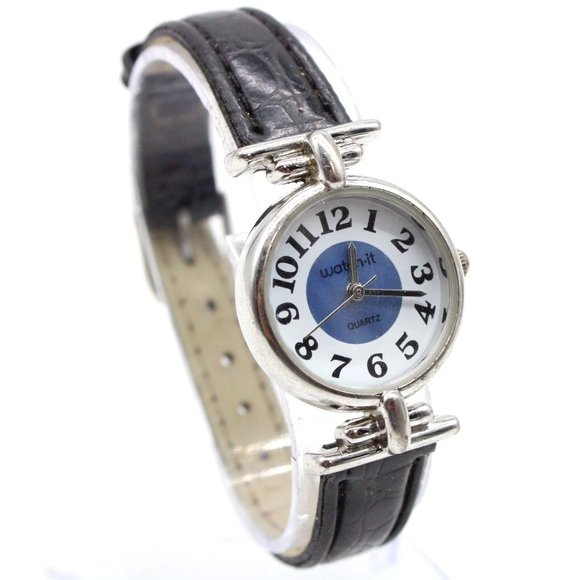 Vintage Watch It Watch Womens Silver Tone Steel Classic Round Black Leather Band - Picture 1 of 8